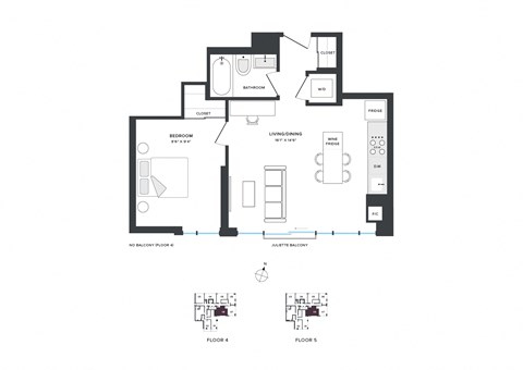 Floor plan for 1 bed, 1 bath, 569 sqft